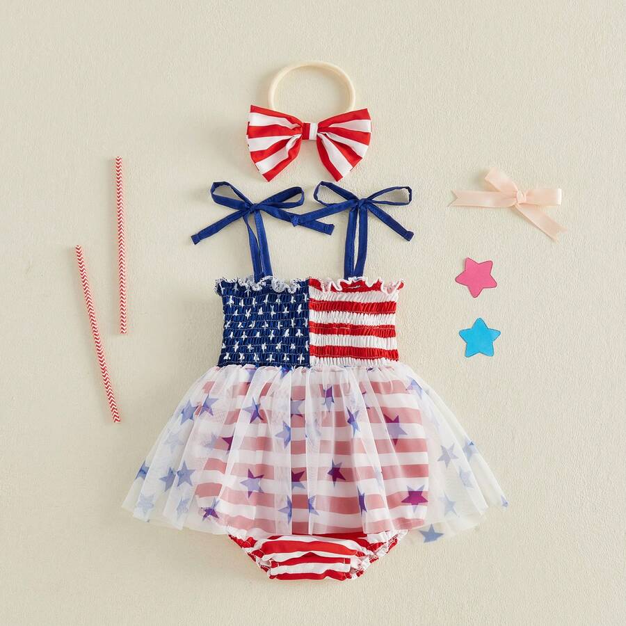 4th Of July Baby Girl Outfits American Flag Sleeveless Strap Romper Bodysuit Independence Day Clothes - 紅色 A - 查看 1