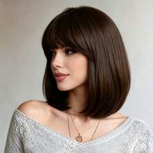 Wig Pendek Lurus Cokelat 30cm dengan Poni, Kepadatan Tinggi, Lembut, Halus, Nyaman, Bernapas, Topi yang Dapat Diatur, Modis, Elegan, Serbaguna, Cocok untuk Pesta, Natal, Cosplay, Universal untuk Semua Wanita - beraneka warna - View 5