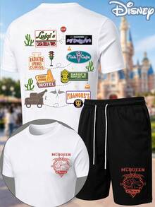 Disney Cars Radiator Springs 2-Piece Outfit, Summer T-Shirt & Summer Shorts Set, Town Landmarks Graphic, Casual Summer Matching Set For Fans - 白色 - 查看 1