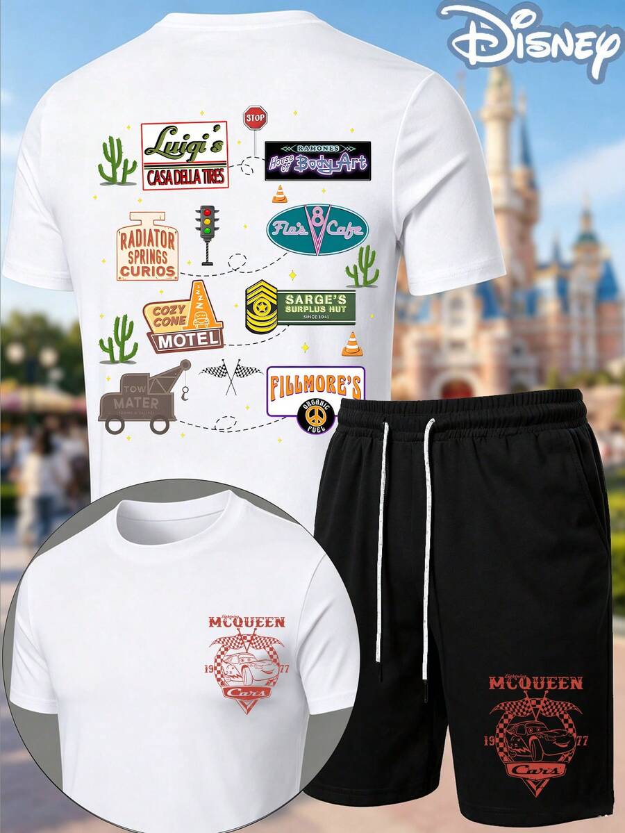 Disney Cars Radiator Springs 2-Piece Outfit, Summer T-Shirt & Summer Shorts Set, Town Landmarks Graphic, Casual Summer Matching Set For Fans - 白色 - 查看 1