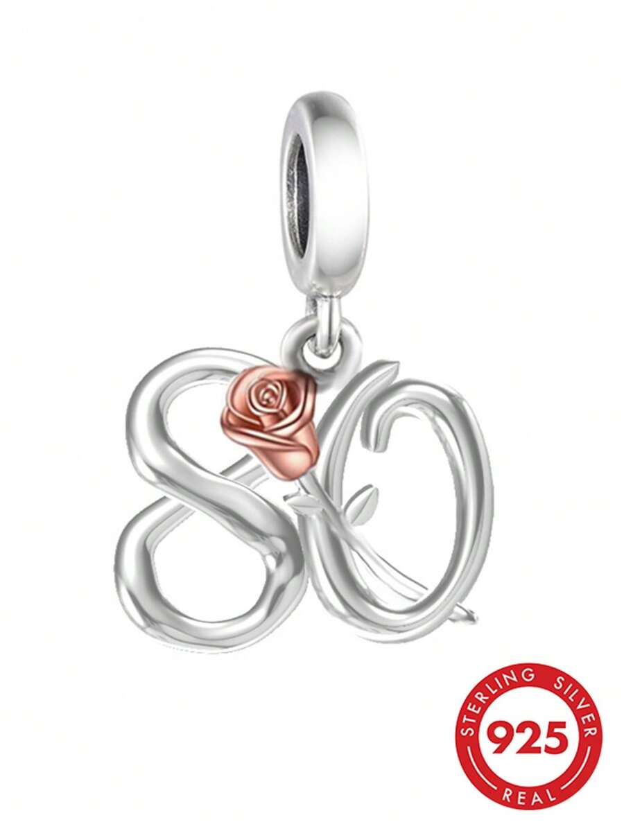 1 pieza Elegante colgante de plata de ley 925 con el número 80, adecuado como regalo de cumpleaños para hombres y mujeres - Plateado - Ver 1