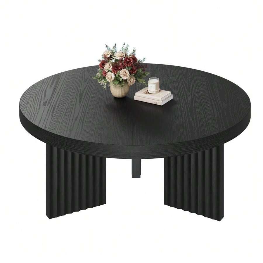 Farmhouse Small Wooden Coffee Table With 3 Strong Legs,Round Coffee Table, - Black - View 1