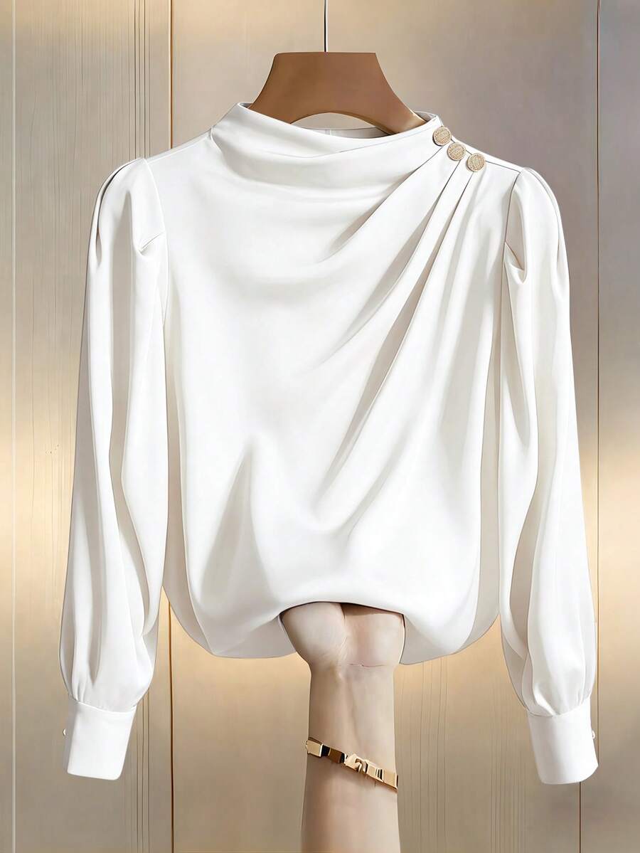 Áo sơ mi nữ công sở thường ngày, cổ đứng, thiết kế xếp ly và tay áo kiểu công chúa, màu trắng mùa xuân/thu. - trắng - Xem 1
