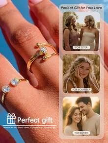 Bộ 2 chiếc nhẫn hở đính đá Cubic Zirconia, phụ kiện chụp ảnh phong cách hàng ngày, nhẫn đeo xếp lớp. - Vàng - Xem 5