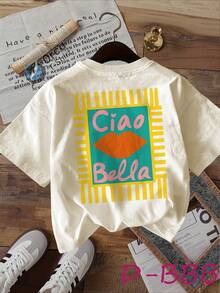 Double-Sided Printed Spring/Autumn Women's Shirt With Cute Lips And Text Design. Ciao Bella Printed Pattern. Fabric. Round Neckline. Short Sleeves. Women's T-Shirt - 杏色 - 查看 3