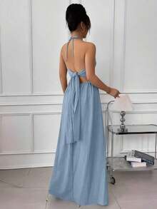 Vestido línea A con escote halter, cordones y espalda descubierta - Azul - Ver 2