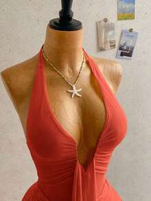 Vestido mini casual de vacaciones para mujer con escote en V profundo, cuello halter con lazo, y drapeado.Adecuado para la playa, cruceros y festivales de música en verano - Naranja Coral - Ver 3