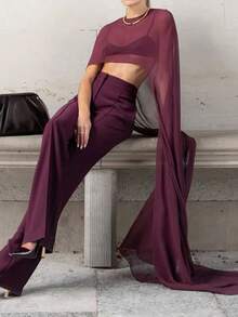 Baju Penutup Panjang Wanita dari Chiffon Transparan, Leher Bulat Tanpa Lengan Model High-Low, Bahan Jala Tenun Polos untuk Musim Panas - Burgundy - View 6