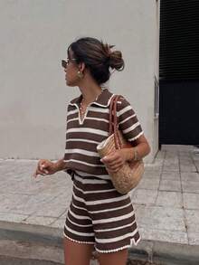 Bộ đồ nữ mùa hè thời trang mới, kẻ sọc, quần short đi biển, phong cách retro gợi cảm, bộ đồ mùa hè, lễ hội, trang phục đi biển cho nữ, áo đi chơi, trang phục nghỉ hè, phong cách Y2K - Màu nâu - Xem 3