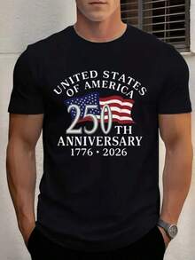 Camiseta de Cuello Redondo para Hombre con Estampado de la Bandera de los Estados Unidos de América, 250 Aniversario 1776-2026, para Celebración del Día de la Independencia, Tela Cómoda, Ideal para Regalar - Negro - Ver 5