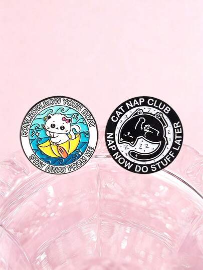 Bộ 1 món hình mèo ngộ nghĩnh kèm ghim cài áo chủ đề "Row Row Row Your Boat" và ghim cài áo chủ đề "Cat Nap Club", phụ kiện đeo hàng ngày theo phong cách độc đáo dành cho người yêu thú cưng.