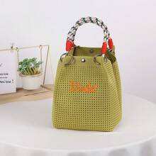 Bolso de mano pequeño de punto calado personalizado para niña, bolso cubo de tejido chic con asa superior, bolso tote cuadrado mini estructurado con detalle de anillo metálico - Multicolor - Ver 14