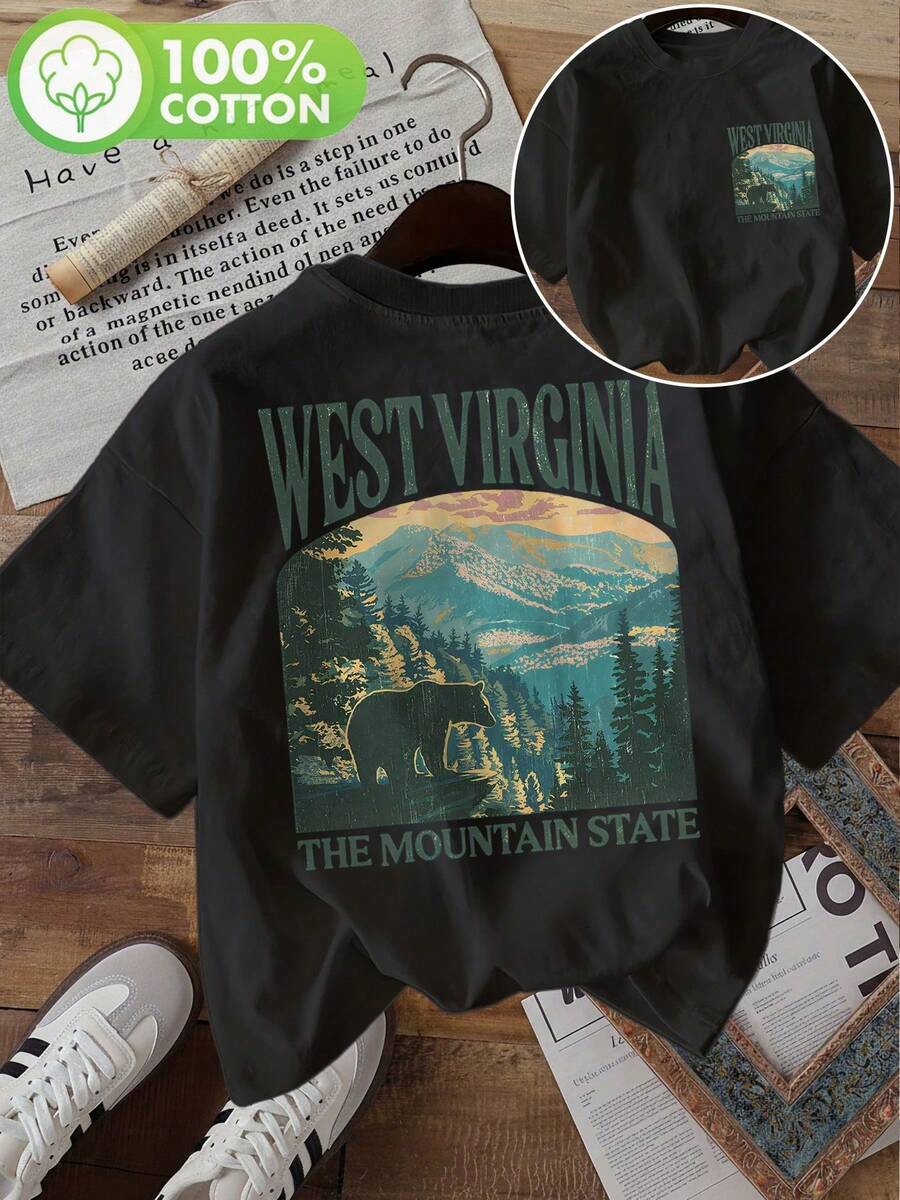 [Double-Sided Print] Summer Casual Women's Top, Vintage Style, Mountain Bear WEST VIRGINIA THE MOUNTAIN Print, Round Neck, Pure Cotton Short-Sleeve T-Shirt [Ling K] Summer Outfits For Women XQ07 - 黑色 - 查看 1