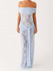 Vestido Largo de Noche Mujer, Hombros Descubiertos Manga Corta, Diseño Anudado Ajustado de Encaje Sin Tirantes - Azul - Ver 1
