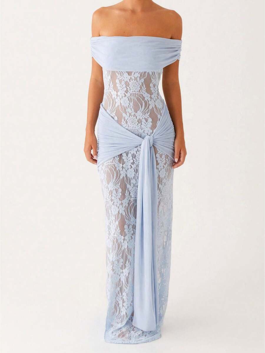 Vestido Largo de Noche Mujer, Hombros Descubiertos Manga Corta, Diseño Anudado Ajustado de Encaje Sin Tirantes - Azul - Ver 1
