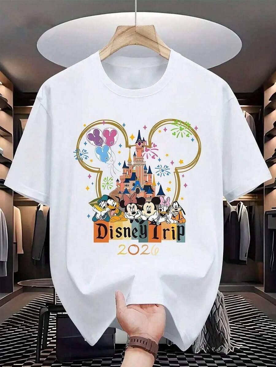 Disney Man Castle In 2026, Mickey, Minnie, Donald Duck, Daisy, Balloons, Fireworks, Men's And Women's Patterned T-Shirts, 220g Cotton. Paradise Dream Tour Short Sleeves, Casual And Comfortable Fit, Perfect Gift For Teenagers And Father's Day, Shirt - 白色 - 查看 1
