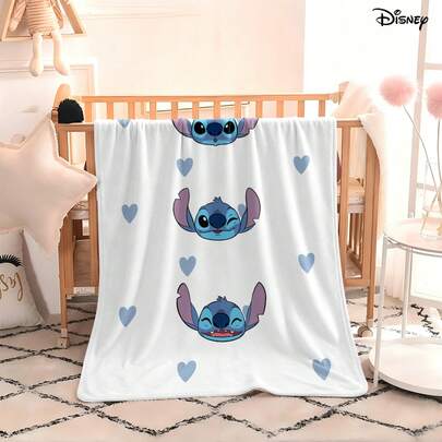 Disney Stitch Cute Cartoon Pattern With Minimalist Fresh Light Blue Heart Print Fleece Throw Blanket, Lightweight And Soft Plush Blanket For Rest And Warmth, Suitable For Couch, Bed, Living Room, Bedroom, Office, Travel, All Seasons