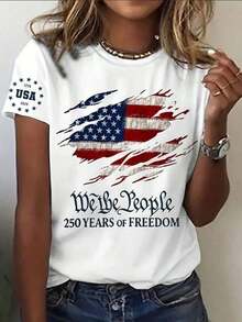 Women Vintage Ripped USA Flag We The People 250 Years Print Tee, Patriotic Freedom Letter Short Sleeve Casual 4th Of July Tops - 白色 - 查看 8