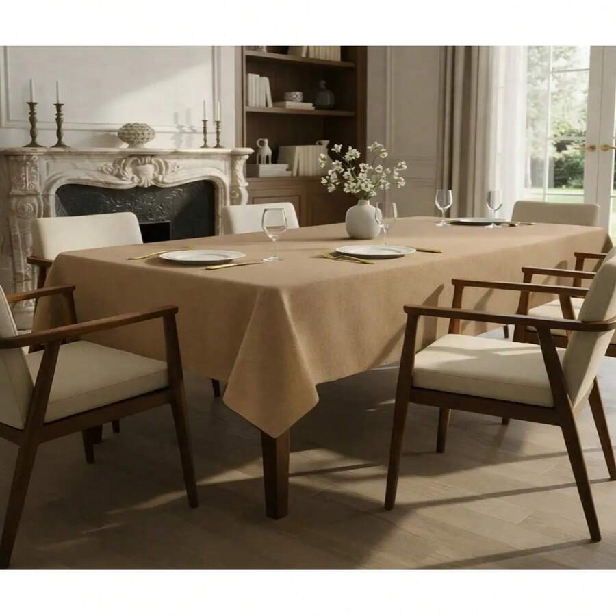 Rustic Dining Tablecloth 200x140cm, Synthetic Linen Fabric - Hazelnut - View 1