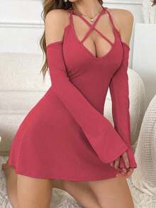 SweetSlumber Vestido de salón elegante y cómodo con hombros descubiertos y tirantes para mujer, para usar en otoño e invierno - Burdeos - Ver 4