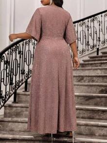 Fleurora Vestido de talla grande con cuello superpuesto y mangas con volantes, elegante para fiesta, San Valentín o cóctel - Caqui - Ver 2