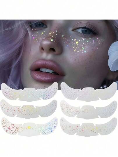 6 Pieces Of Mixed Glitter Laser Freckle Stickers. Rainbow Heart-Shaped Star Dot Pattern Waterproof Temporary Tattoo Stickers. Perfect For Party, Festival And Daily Makeup Decoration. Ideal For Christmas, Halloween And Music Festivals.