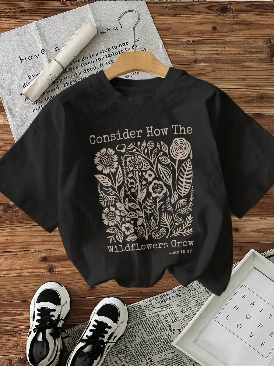 T-Shirt Summer TopsSider How The Wildflowers Grow Short Sleeves Casual T-Shirt Cotton T-Shirt For Spring Outfit - Black - View 1