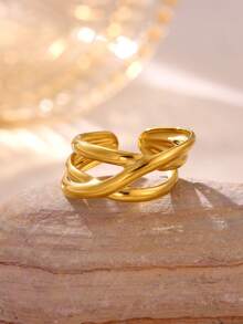 1 Pc Minimalist Line Wide Ring For Women Gold Color Stainless Steel Geometric Ring Birthday Party Jewelry Gift - Multicolor 2 - View 8