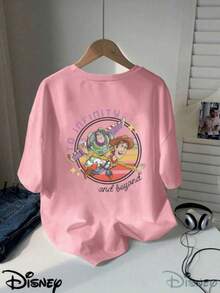 Disney "TO INFINITY And Beyond" Linkage Printed Ladies' T-Shirts | Woody And Buzz Lightyear Flying Prints, Toy Story Series, Soft, Not Easy To Deform, Essential For Spring And Summer, Comfortable And Skin-Friendly Fashion Tops - Hồng - Xem 2