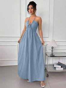 Vestido línea A con escote halter, cordones y espalda descubierta - Azul - Ver 5