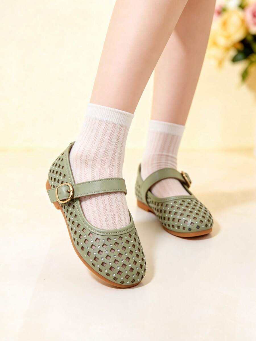 1 par de zapatos de moda para niños, zapatos planos plateados para niñas, zapatos Mary Jane verdes con recortes y diamante de imitación, suelas antideslizantes y resistentes al desgaste, adecuados para salidas de verano, banquetes, fiestas y vacaciones - Verde - Ver 1