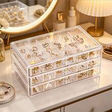 Premium 3-Layer 72-Slot Transparent Acrylic Jewelry Storage Box, Dust-Proof Stackable Jewelry Drawer, Suitable For Earrings, Rings, Necklaces, Fashionable Desktop Vanity Jewelry Display Box, Perfect Gift For Women Birthday, Valentine's Day, Home Bedroom Vanity Decor - Transparent - View 2