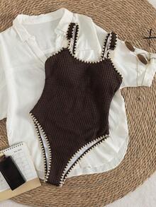 Mono de baño bohemio para mujer, textura tejida marrón con bordes de crochet, diseño de tirantes ajustable, ideal para playa, piscina y vacaciones tropicales - Blanco - Ver 11
