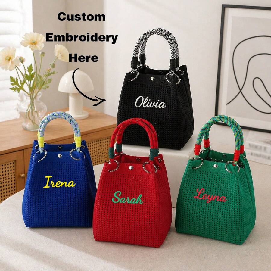 Bolso de mano pequeño de punto calado personalizado para niña, bolso cubo de tejido chic con asa superior, bolso tote cuadrado mini estructurado con detalle de anillo metálico