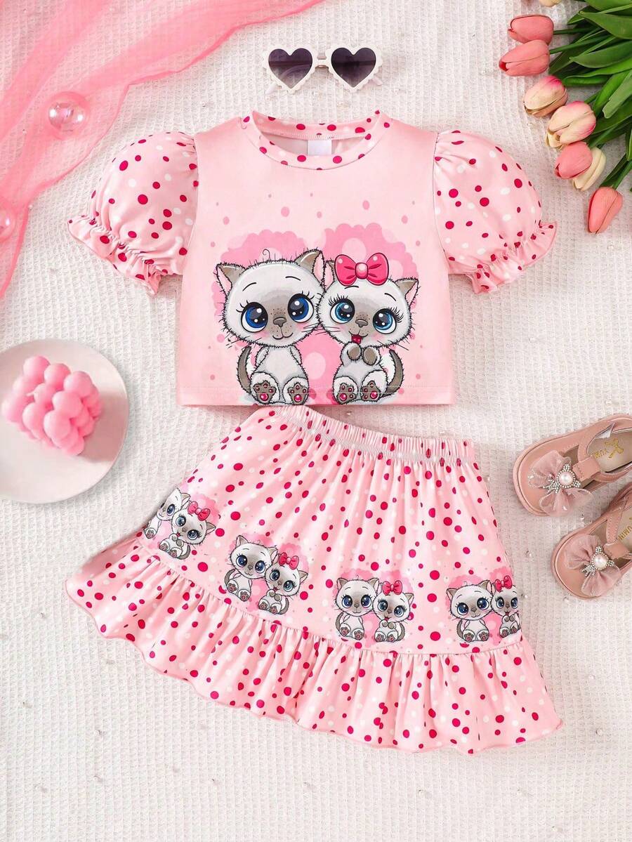 Bộ đồ 2 món cho bé, áo in hình mèo kiểu dáng thường ngày kết hợp với chân váy in hình mèo và chấm bi, thích hợp cho mùa xuân/hè. - Hồng - Xem 1