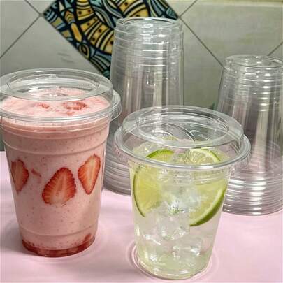 Vaso de plástico transparente con tapa, taza para salsa, vaso de bebida transparente desechable con tapa, vaso de plástico, suministros para fiestas, adecuado para café helado, batidos, batidos de leche y bebidas frías. Ideal para bodas, fiestas y celebraciones de cumpleaños.
