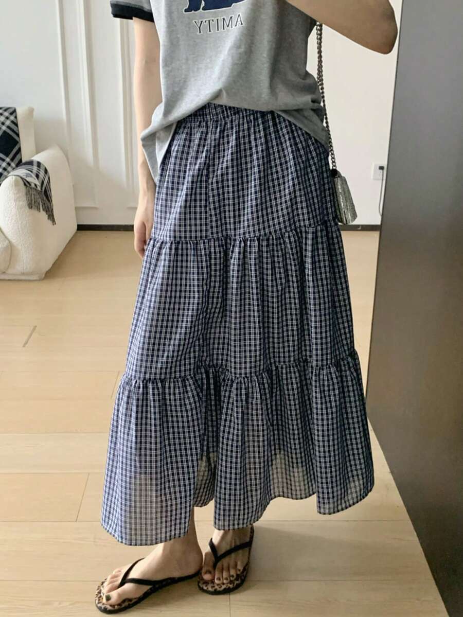 优雅格纹高腰喇叭裙，休闲时尚韩版夏季穿搭