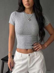 Women's Summer New Minimalist Design Casual Round Neck Short Sleeve T-Shirt, Fashionable Versatile Blouse - Grey - View 1