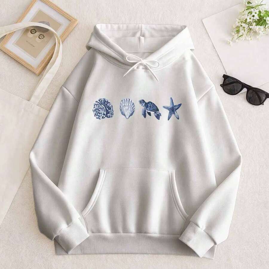 Premium Unisex Kangaroo Hoodie With Under The Sea Print, Stars, Shells, And Marine Style. - White - View 1