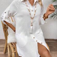 Zayélia Solid Color Textured Button Front Shirt Dress Fall Cloth For Women - Naranja - Ver 6