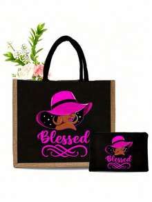 Lightweight Tote Bag Set, Unique "Blessing" Design, Minimalist Large Capacity Shoulder Bag With Portable Cosmetic Bag, Casual Storage Tote, Multifunctional Shopping Bag, Personalized Gift Bag Or Lunch Bag. - Multicolor - View 8