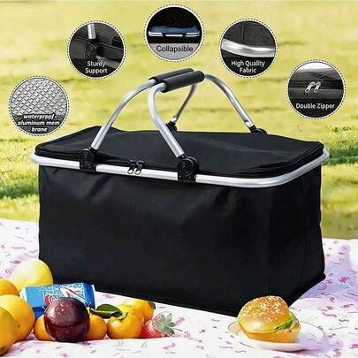 30L Extra Large Collapsible Picnic Basket - Premium Insulated Storage Box With Comfortable Metal Handle - Perfect For Outdoor Adventure, Family Gathering, Camping, BBQ, Shopping And Travel - Easily Store 1 Foldable Insulated Picnic Basket With Aluminum Handle, 32L/18.9x12.6x9.4 Inch Collapsible Cooler Bag, Ideal For Outdoor Picnics, Beach Trips, Car Trunk Storage And Grocery Shopping