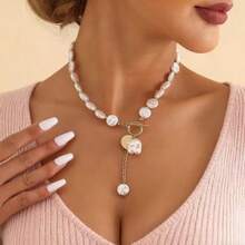 1 chiếc vòng cổ ngọc trai Baroque không đều, kiểu dáng thời trang, thanh lịch, đa năng, dây chuyền ngọc trai giả dẹt có tua rua dành cho nữ. - Yêu - Xem 6