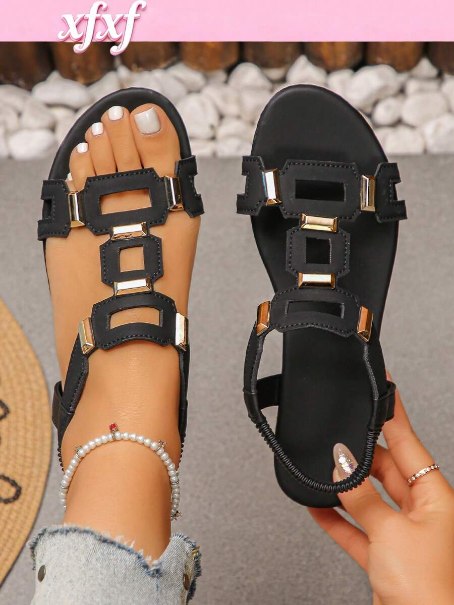 Fashionable Minimalist Style Flat Sandals For Teenagers. The Upper Features A Breathable Hollow-Out Design. Adjustable Elastic Strap Around The Ankle, Suitable For Girls To Wear In School, Parties, Vacation And Other Occasions.