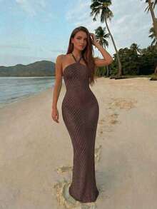 Vestido de tirantes con decoración de perlas falsas para mujer, vestido holgado con cordones azules, vestido lápiz de estilo bohemio.Adecuado para salidas a la playa, vacaciones casuales, festivales de música, fiestas en la playa y eventos de cóctel en verano - Café ligero - Ver 7