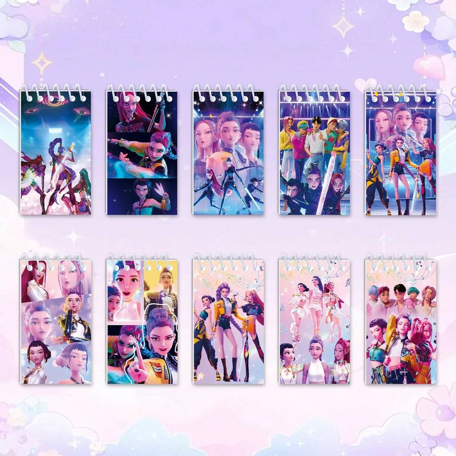 Hasbro 全新10本装K-POP卡通螺旋笔记本，恶魔猎人可爱动漫人物图案，恶魔猎人便携式螺旋笔记本，24页，儿童节日礼物 - A - 查看 1