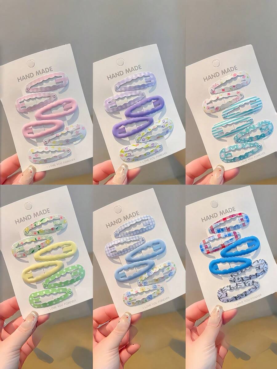6pcs Soft Color Cute Floral, Plaid, Polka Dot Hair Clips, Solid Color Wavy BB Hair Pins, Fresh Preppy Style Daily Bangs Decor Hair Accessories For Girls - Multicolor - View 1