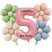 32英寸粉色铝箔数字气球套装（0-9），配有黑色“生日快乐”贴纸和4个彩色哑光雏菊气球，适用于生日派对装饰、结婚纪念日、夏季派对、舞会和节日装饰，可用作气球道具、室内派对装饰和派对用品。 - 雛菊數位套裝 - 查看 9