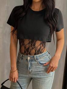GLAMSKIN Women Fall Sexy 2 In 1 Short Sleeve Bodysuit, Casual Date Wear Fall Back To School Going Out Black Summer - Black - View 2