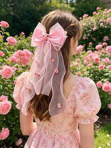 1pc Girls' Multicolor Mesh Bow Ribbon Pearl Hair Clip Hair Accessory - Multicolor - View 8
